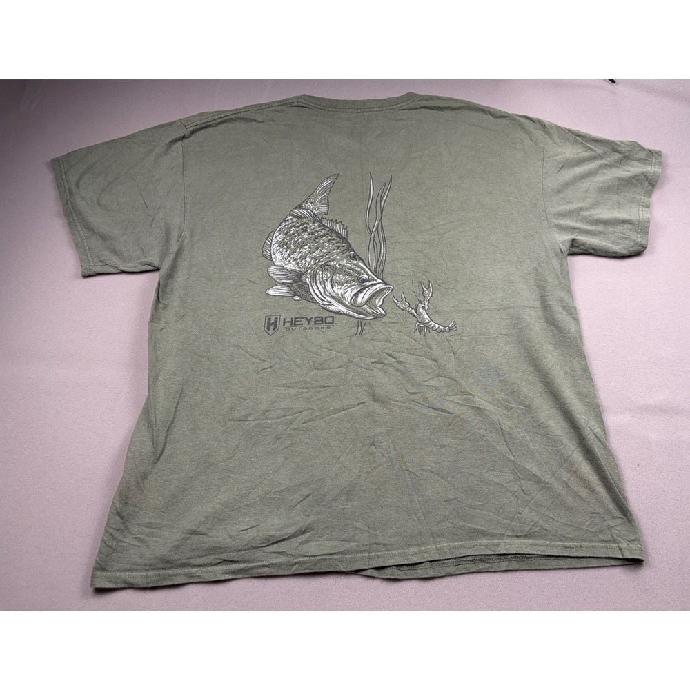 Heybo Outdoors Mens XL T-Shirt Olive Green Bass Fishing Crawfish Graphic Tee